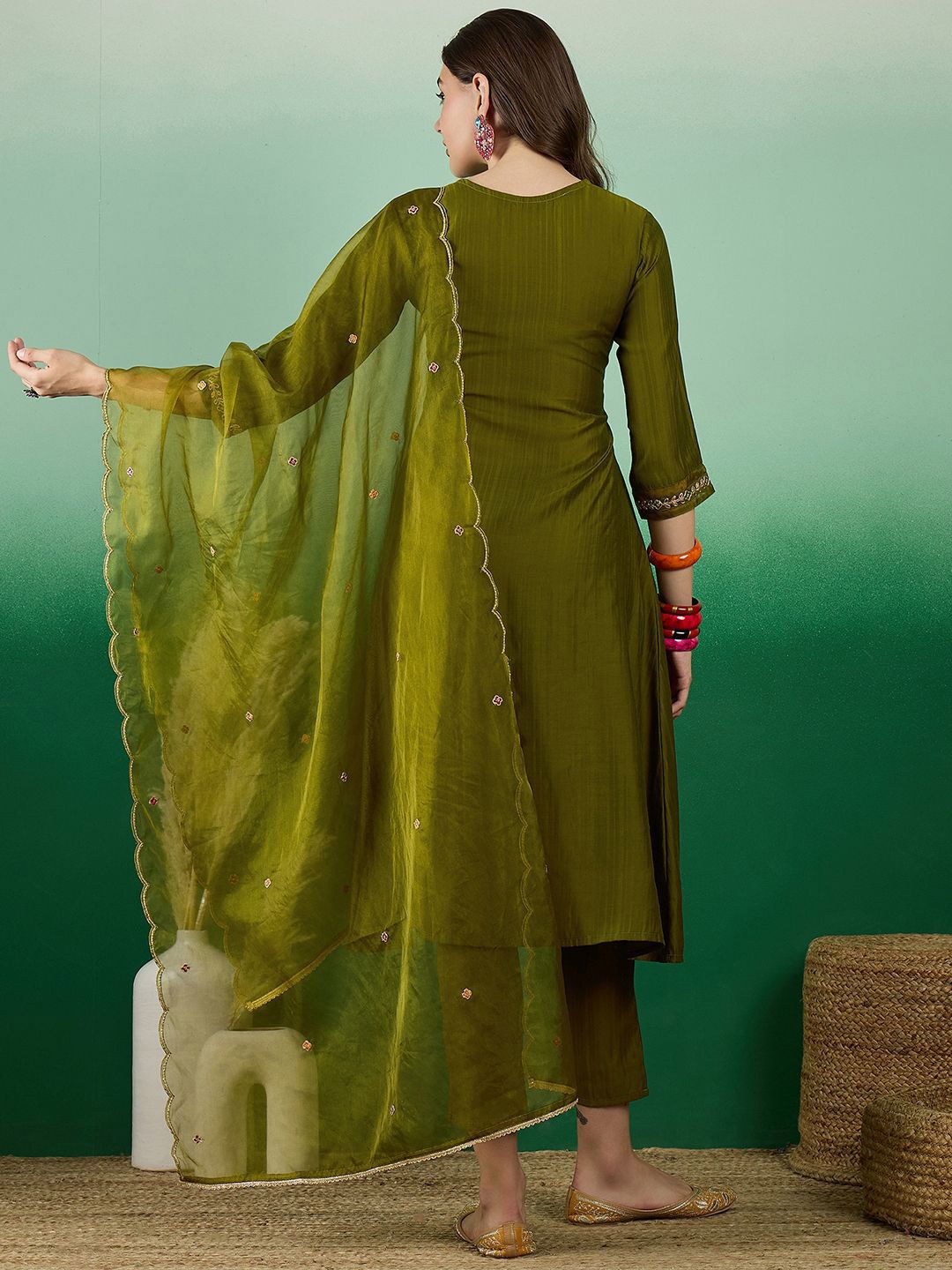 Dhiyona SN Women's Green Yoke Design Thread Work Pleated A-line Kurta With Trouser & Dupatta