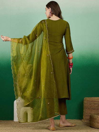 Dhiyona SN Women's Green Yoke Design Thread Work Pleated A-line Kurta With Trouser & Dupatta