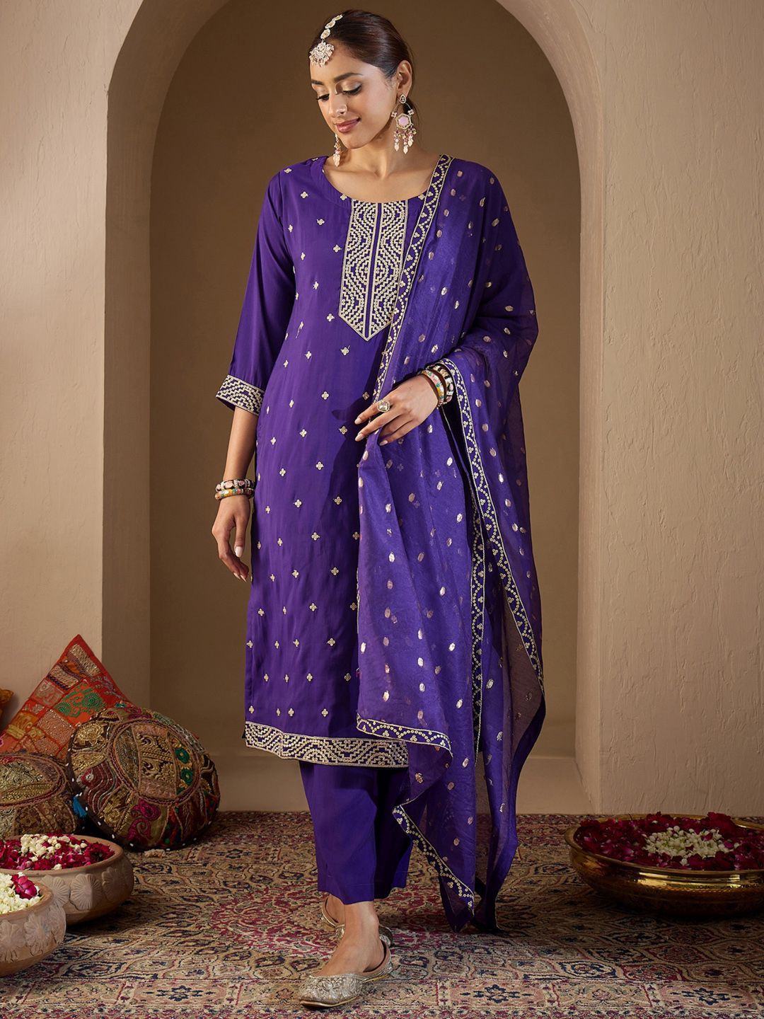 Ethnic Motifs Embroidered Sequinned Kurta with Trousers & With Dupatta