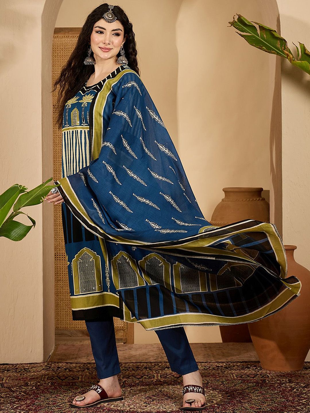 Dhiyona SN Women's Striped Round Neck Sequinned Pure Cotton Straight Kurta with Trousers & Dupatta