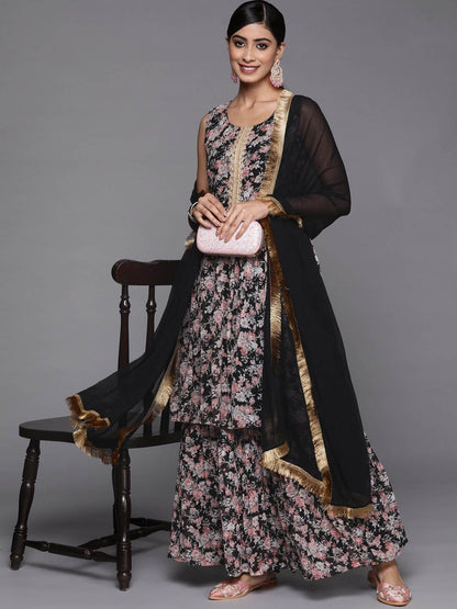 Dhiyona VA Women'sFloral Printed Pleated Gotta Patti Kurta with Sharara & Dupatta