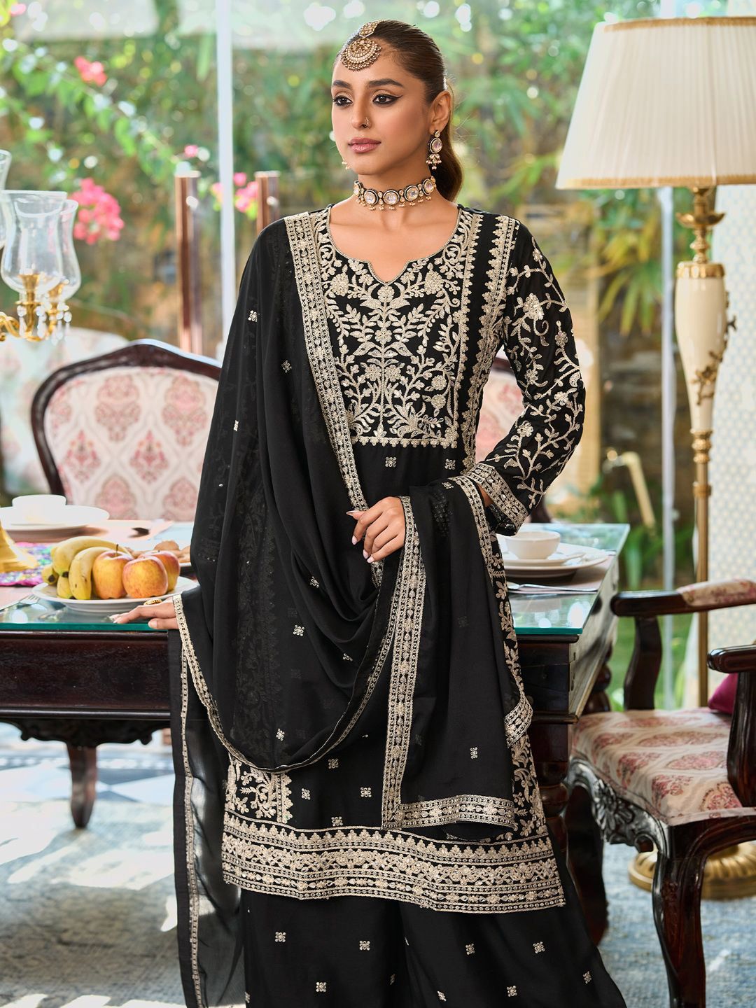 Floral Embroidered Round Neck Mirror Work Straight Kurta With Palazzos & Dupatta