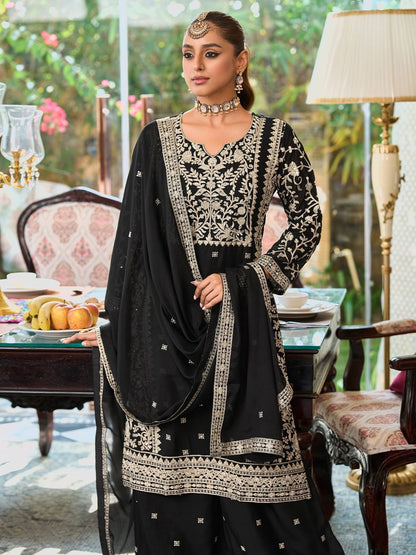 Floral Embroidered Round Neck Mirror Work Straight Kurta With Palazzos & Dupatta