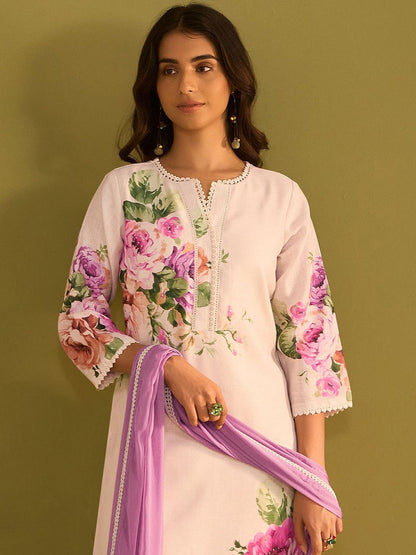 Dhiyona IE Floral Printed V-Neck Linen Straight Kurta With Trousers & Dupatta