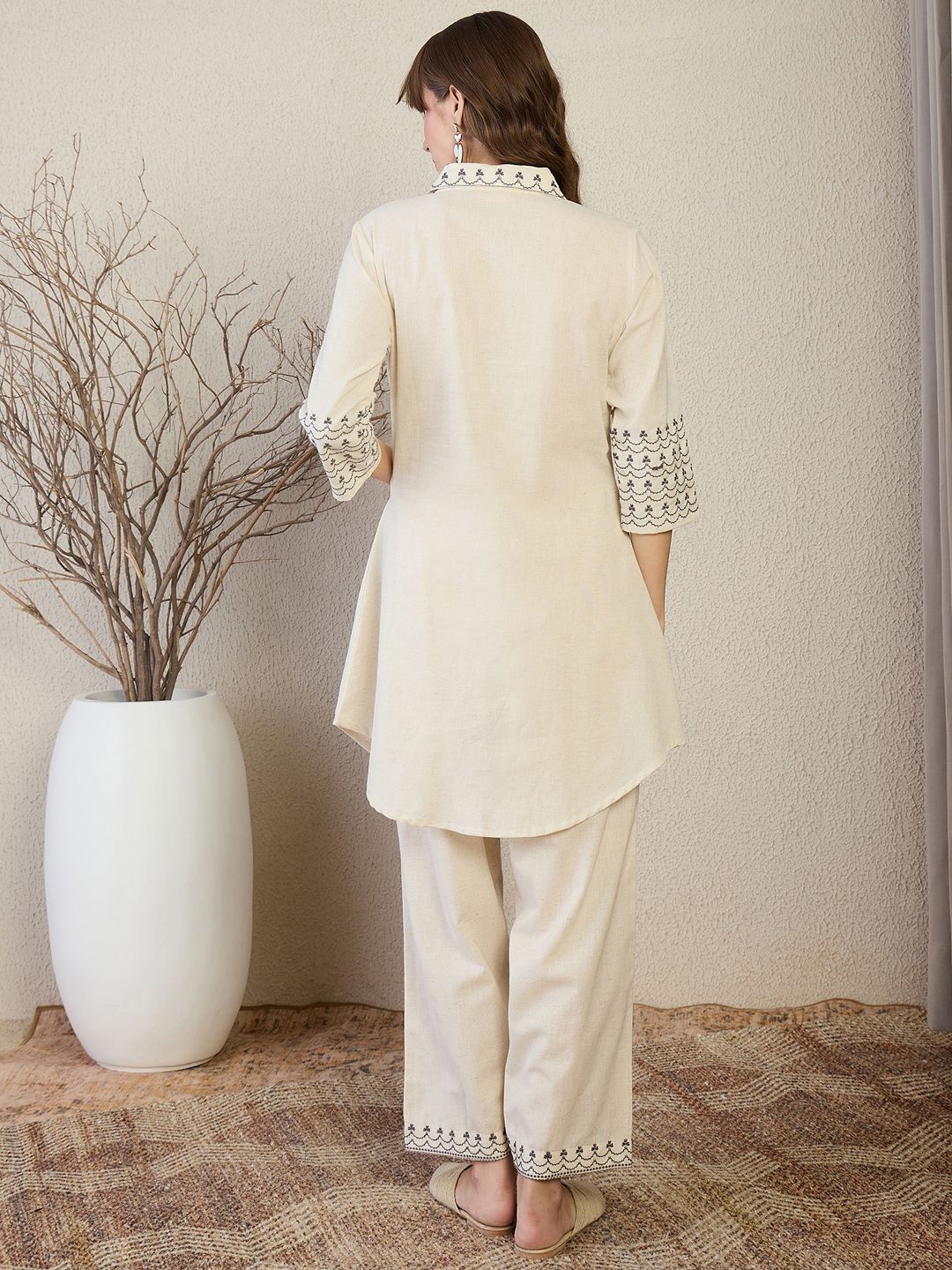 Women Woven Design Embroidered Kurta with Trousers