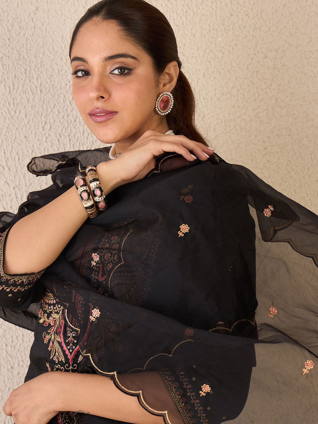 Ethnic Motifs Embroidered Round Neck Pure Cotton Kurta With Trousers & Dupatta