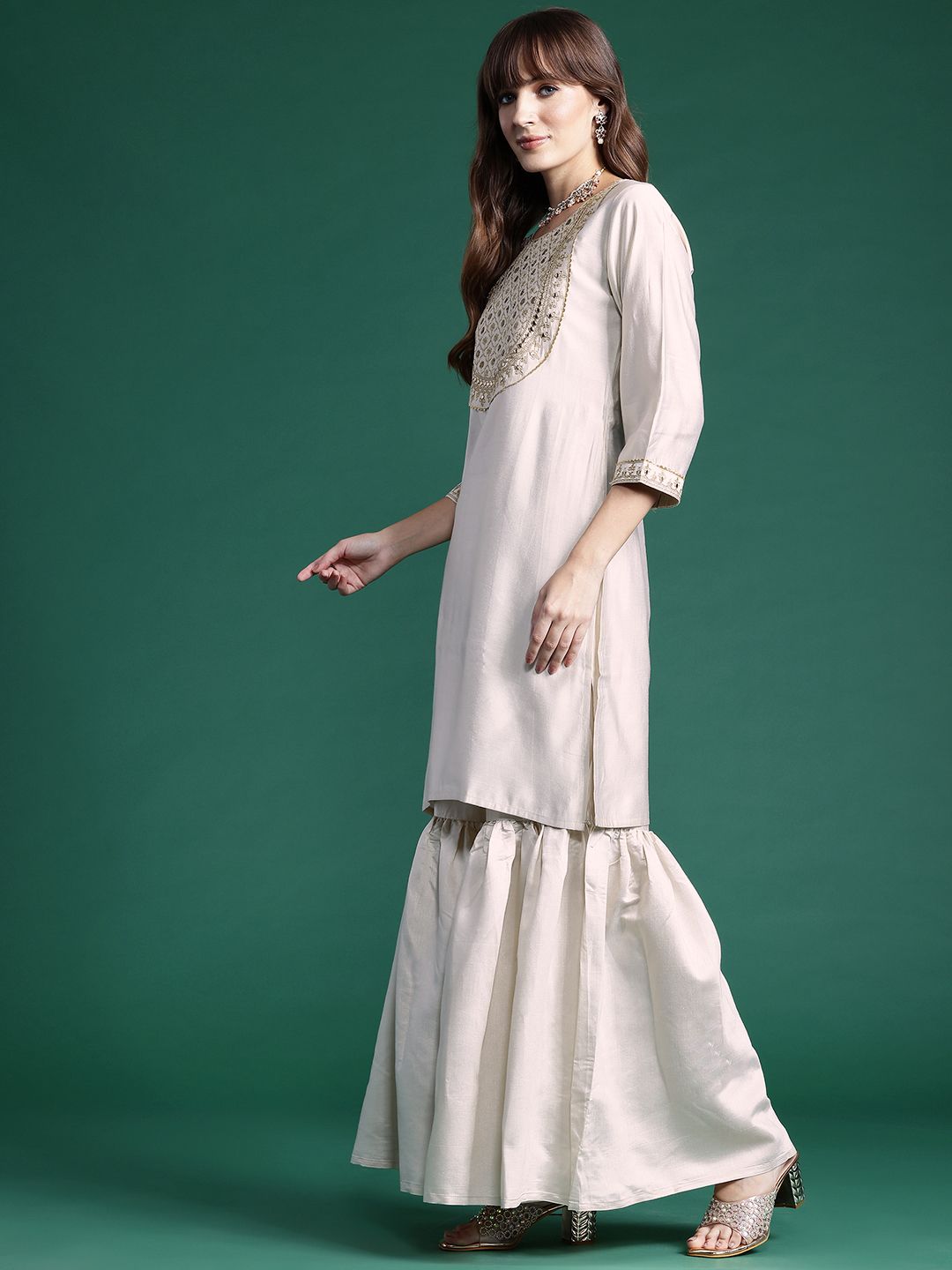 Dhiyona IE Ethnic Motifs Embroidered Gotta Patti Liva Kurta With Sharara & Dupatta