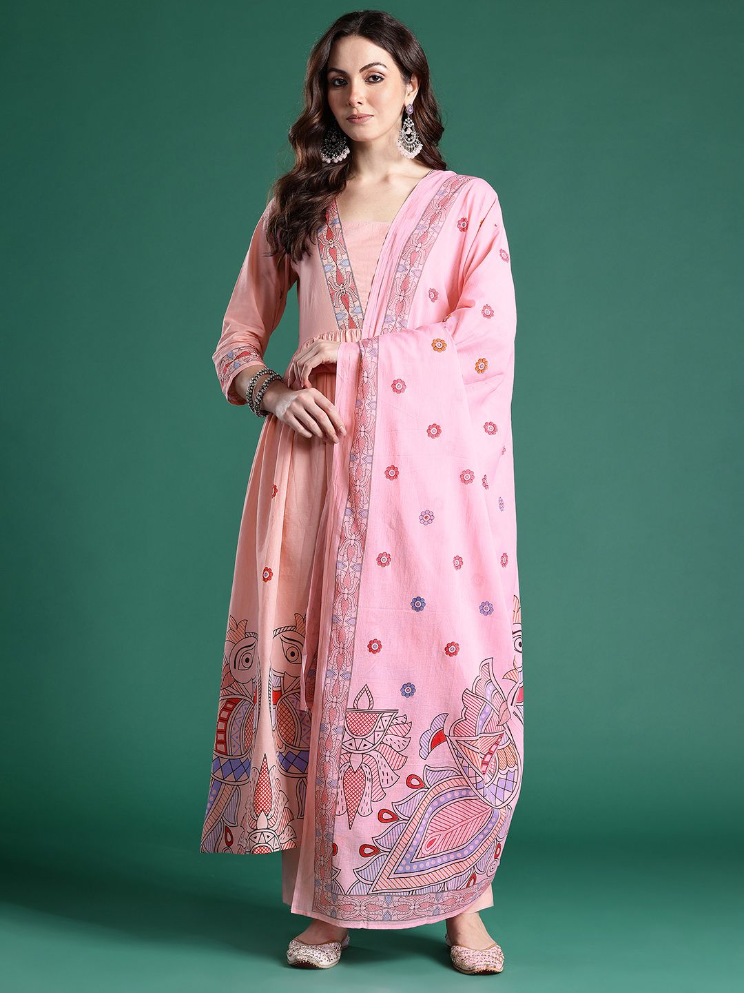 Floral Printed Pleated Sequinned Pure Cotton Kurta with Trousers & With Dupatta