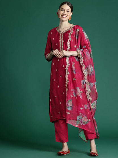Dhiyona IE Women Ethnic Motifs Embroidered Regular Sequinned Kurta with Trousers & With Dupatta