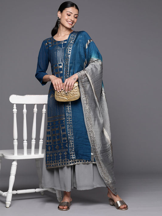 Dhiyona VA Women's Grey Embroidered Sequinned Silk Georgette Kurta with Sharara & With Dupatta