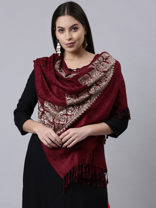 Dhiyona PA Women Maroon Tasselled Embroidered Shawl
