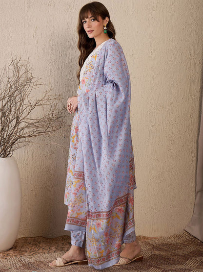 Dhiyona IE Women Floral Printed Regular Thread Work Pure Cotton Kurta with Salwar & With Dupatta