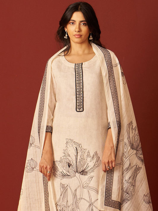 Dhiyona IE Floral Printed Linen Kurta With Trousers & Dupatta