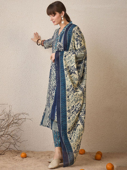 Women Floral Printed Regular Pure Cotton Kurta with Trousers & With Dupatta