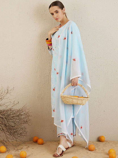 Dhiyona IE Round Neck Ethnic Embroidered Pure Cotton Kurta with Trouser & Dupatta