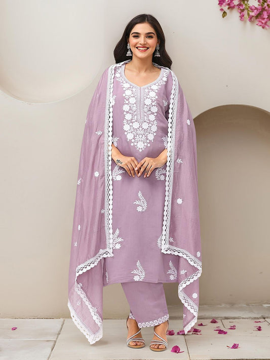 Dhiyona IS Women's Ethic Motifs Embroidered Straight Thread Work Kurta with Trousers & Dupatta