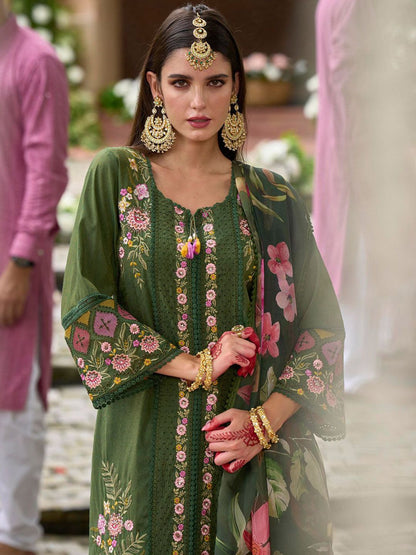 Women Floral Embroidered Panelled Thread Work Kurta with Trousers & With Dupatta