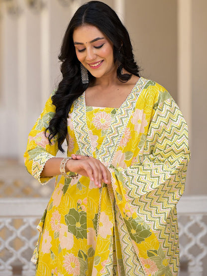 Dhiyona IS Women's Floral Printed Panelled Beads and Stones Anarkali Kurta With Trouser & Dupatta