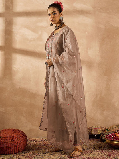 Dhiyona IE Women Ethnic Motifs Embroidered Regular Thread Work Kurta with Trousers & With Dupatta