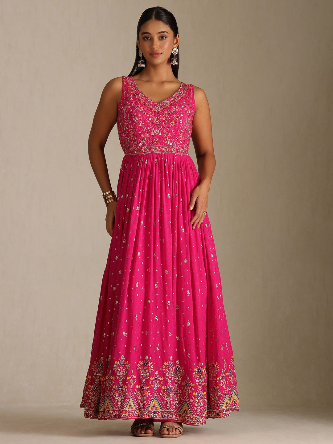 Dhiyona SO Women's Floral Embroidered V-Neck Sequinned Anarkali Kurta With Leggings & Dupatta