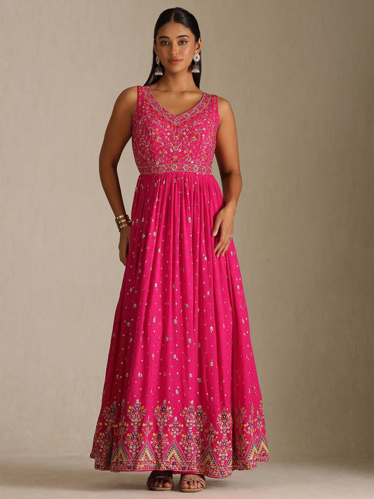 Dhiyona SO Women's Floral Embroidered V-Neck Sequinned Anarkali Kurta With Leggings & Dupatta