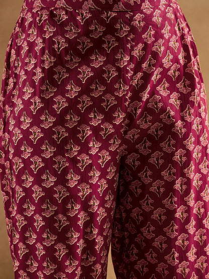 Floral Printed Angrakha Pure Cotton A-Line Kurta With Trouser & Dupatta