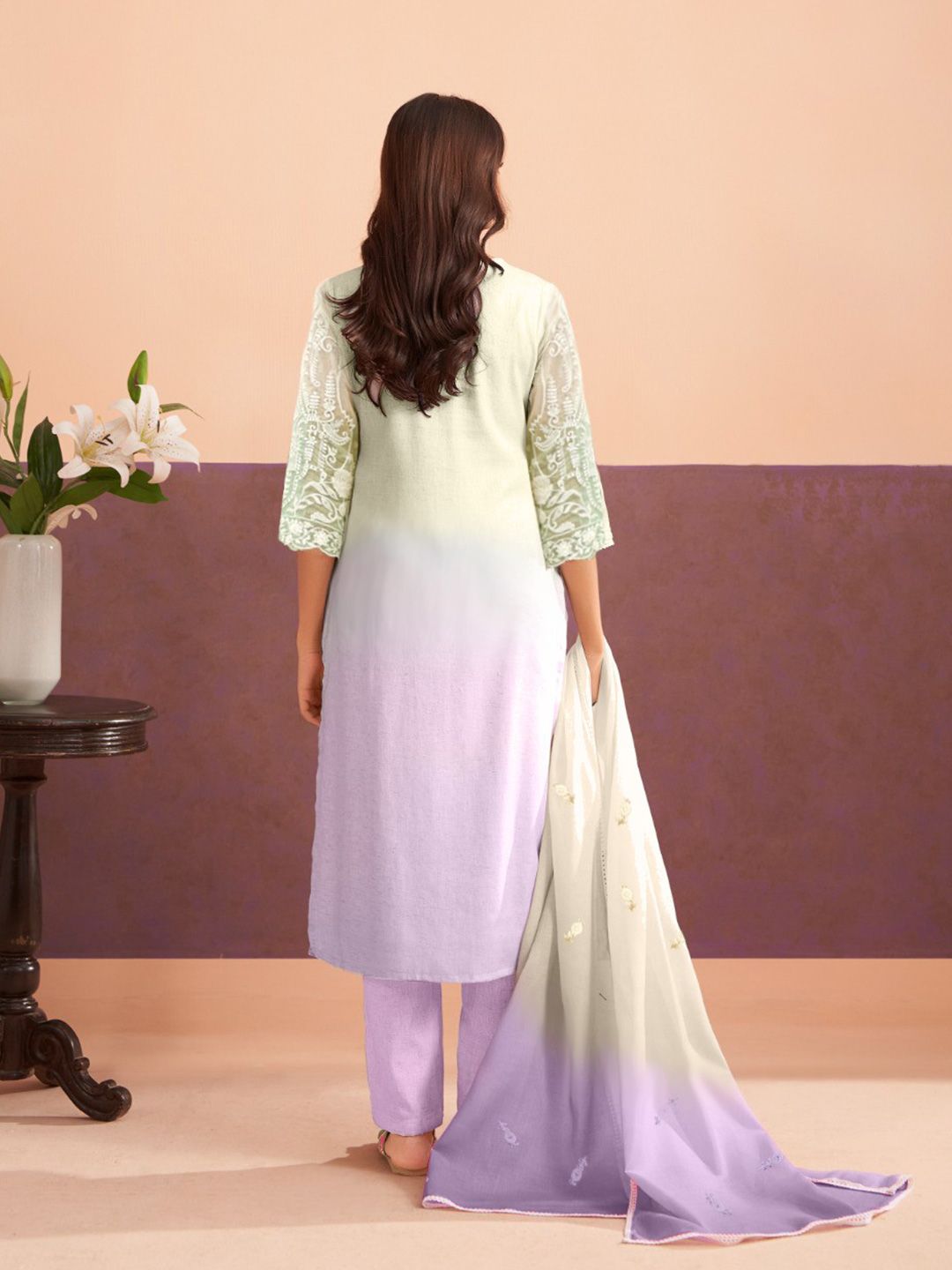 Floral Embroidered Sequinned Straight Organza Kurta With Trousers And Dupatta