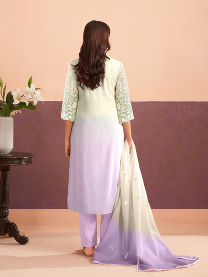 Floral Embroidered Sequinned Straight Organza Kurta With Trousers And Dupatta