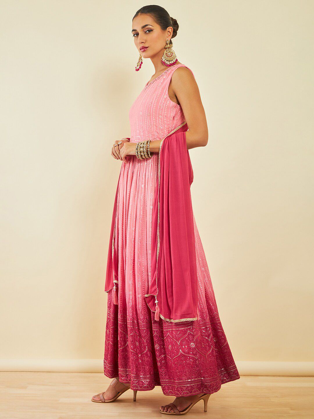 Dhiyona SO Women's Floral Embroidered Sequinned Anarkali Kurta With Trousers & Dupatta