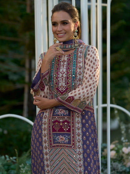 Floral Printed Mirror Work Liva Kurta with Palazzos & Dupatta