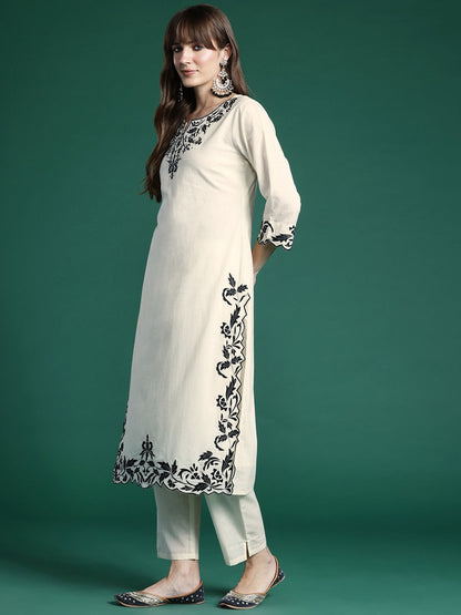 Dhiyona IE Ethnic Motifs Embroidered Regular Pure Cotton Kurta with Trousers & Dupatta