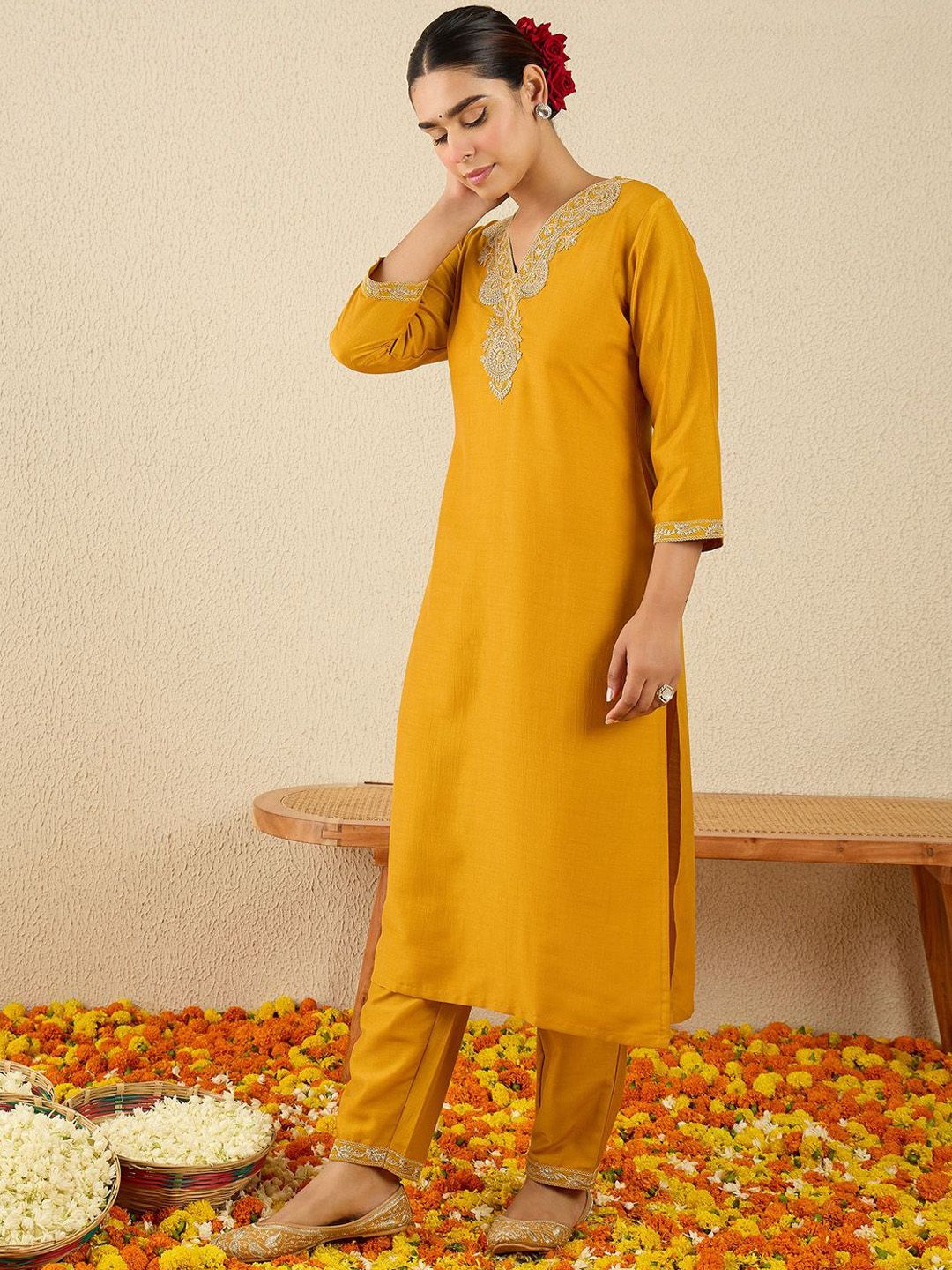 Dhiyona IE Embroidered V Neck Top With Trousers Co-Ords