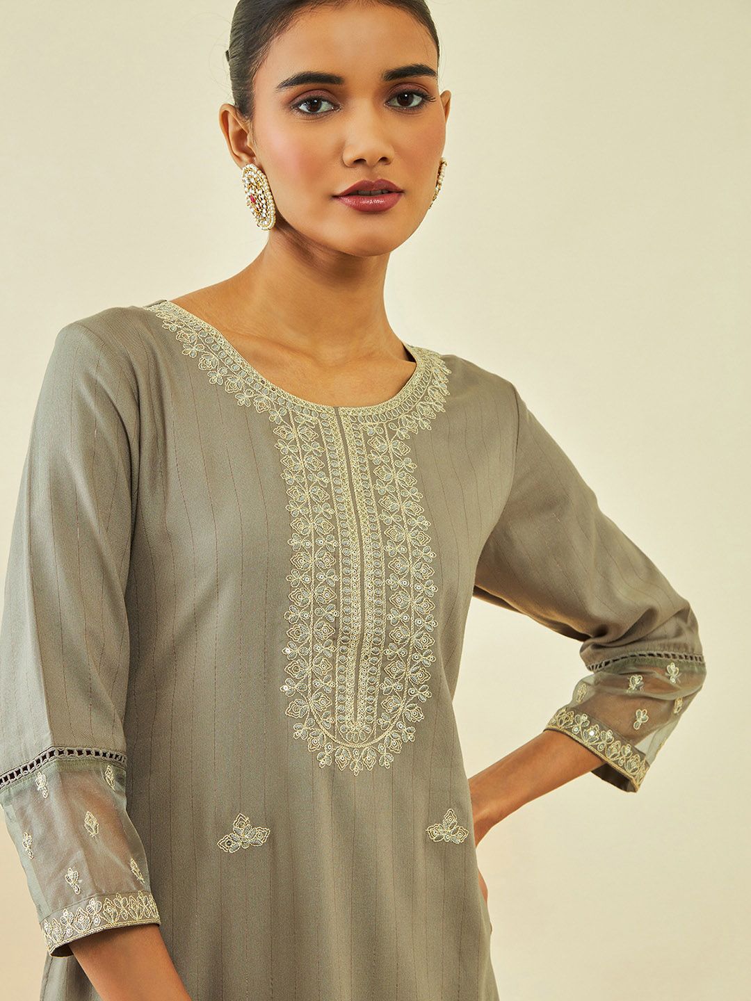 Dhiyona SO Women's Brown Ethnic Motifs Embroidered Regular Sequinned Kurta With Trousers
