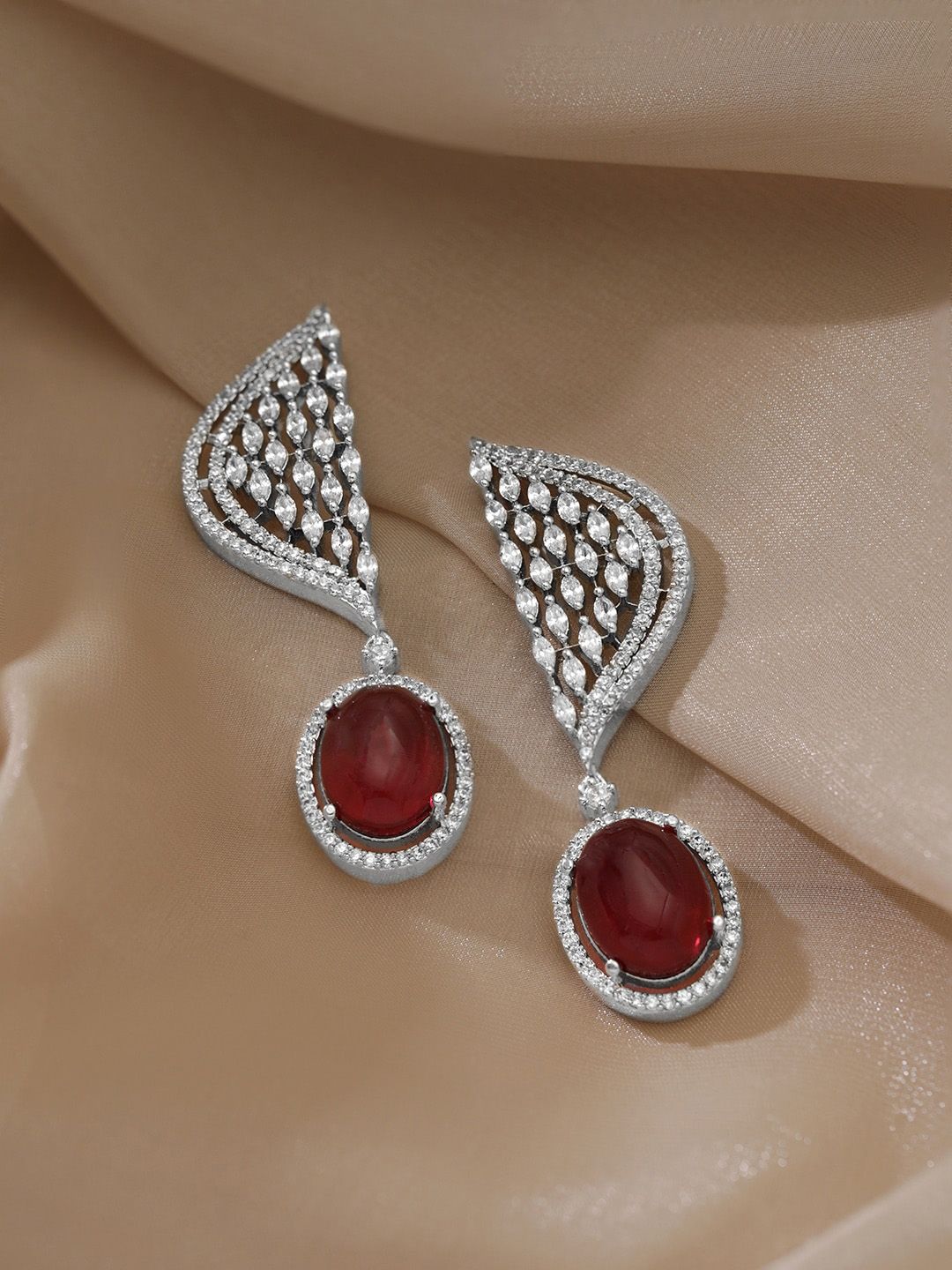 Dhiyona RJ Women's Silver-Plated Ruby & Cubic Zircon Studded Premium Drop Earrings