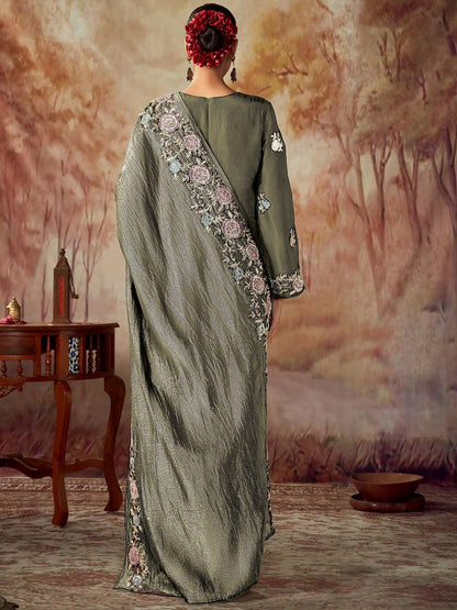 Dhiyona IE Floral Embroidered Regular Thread Work Chanderi Silk Straight Kurta Set