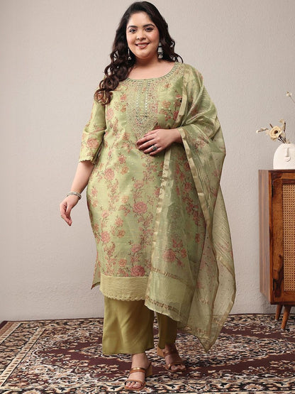 Dhiyona Women's Plus Size Floral Printed Kurta with Trousers & With Dupatta