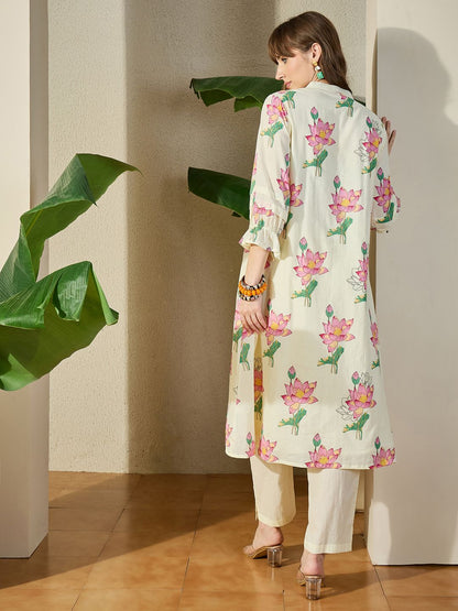 Women Floral Printed Pleated Pure Cotton Kurta with Trousers