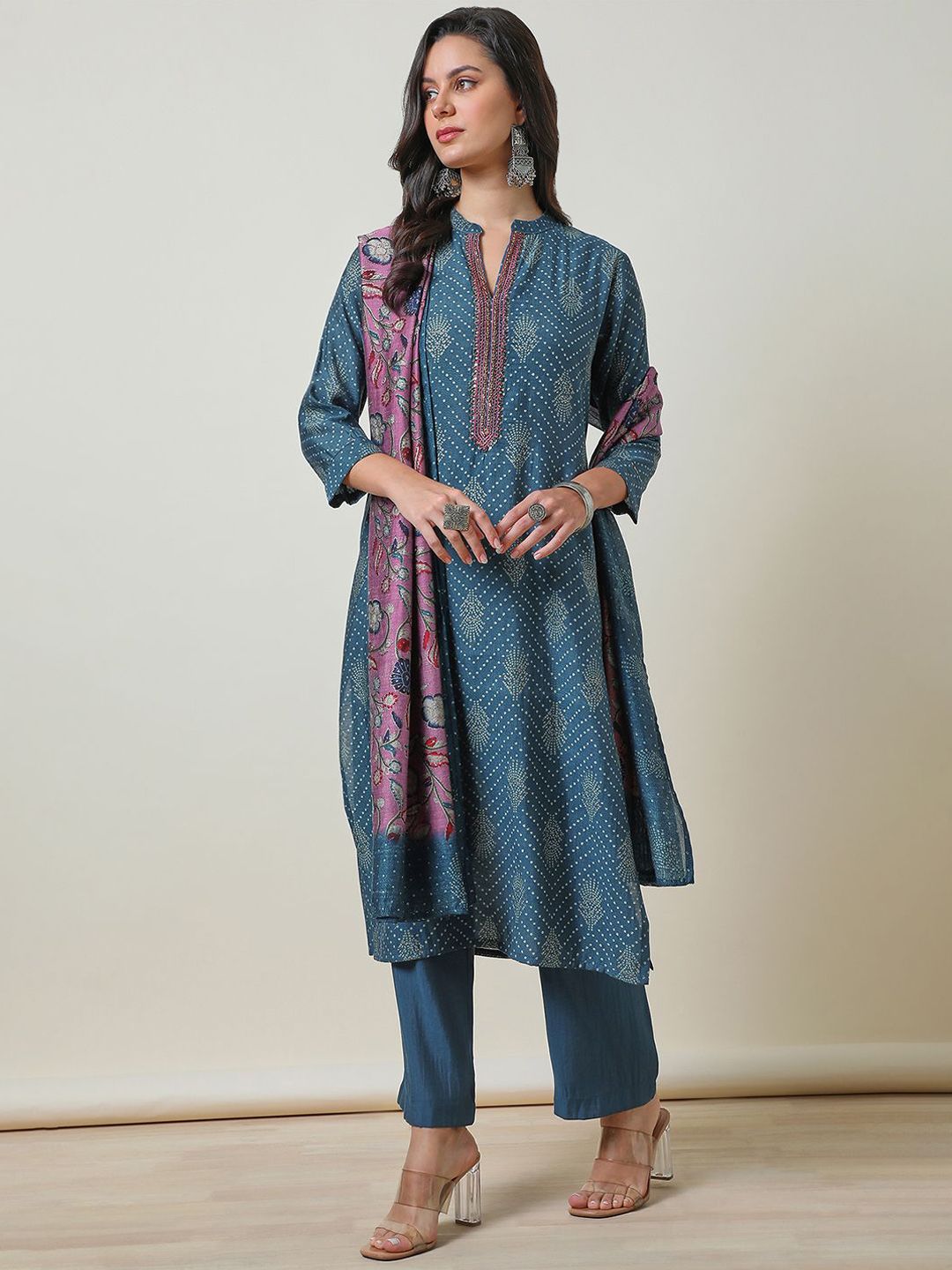 Dhiyona SO Women's Bandhani Printed Mandarin Collar Thread Work A Line Kurta with Palazzos & Dupatta