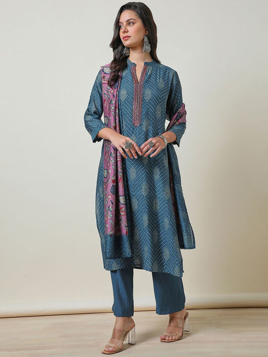 Dhiyona SO Women's Bandhani Printed Mandarin Collar Thread Work A Line Kurta with Palazzos & Dupatta