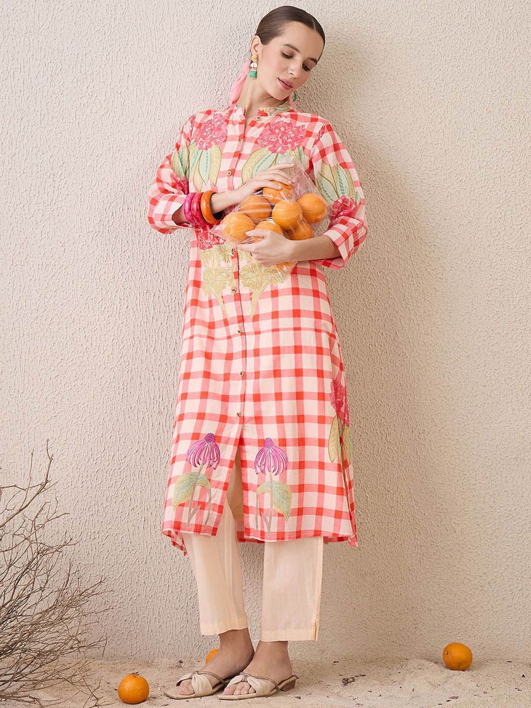 Dhiyona IE Floral Printed Mandarin Collar Pure Cotton A-Line Kurta With Trouser