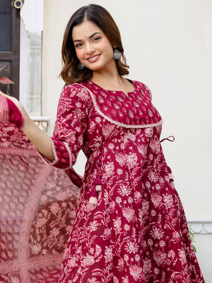 Women Ethnic Motifs Printed Pure Cotton Kurta with Trousers & With Dupatta