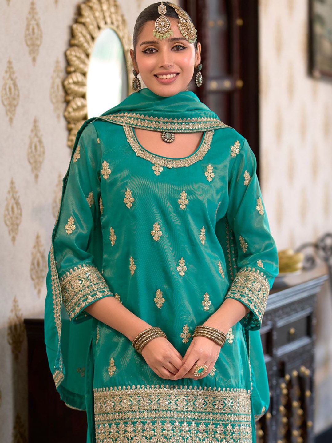 Women Ethnic Motifs Embroidered Mirror Work Kurta with Palazzos & With Dupatta