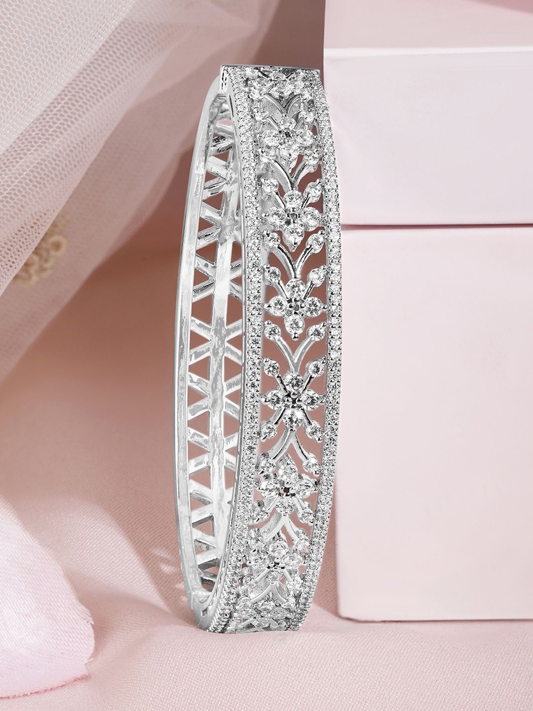 Dhiyona RJ Women's Rhodium Plated Silver Tone Cubic Zirconia Studed Flower Design Bangle Style Bracelet