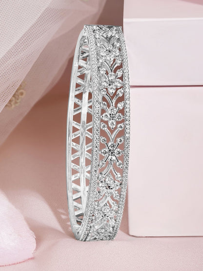 Dhiyona RJ Women's Rhodium Plated Silver Tone Cubic Zirconia Studed Flower Design Bangle Style Bracelet