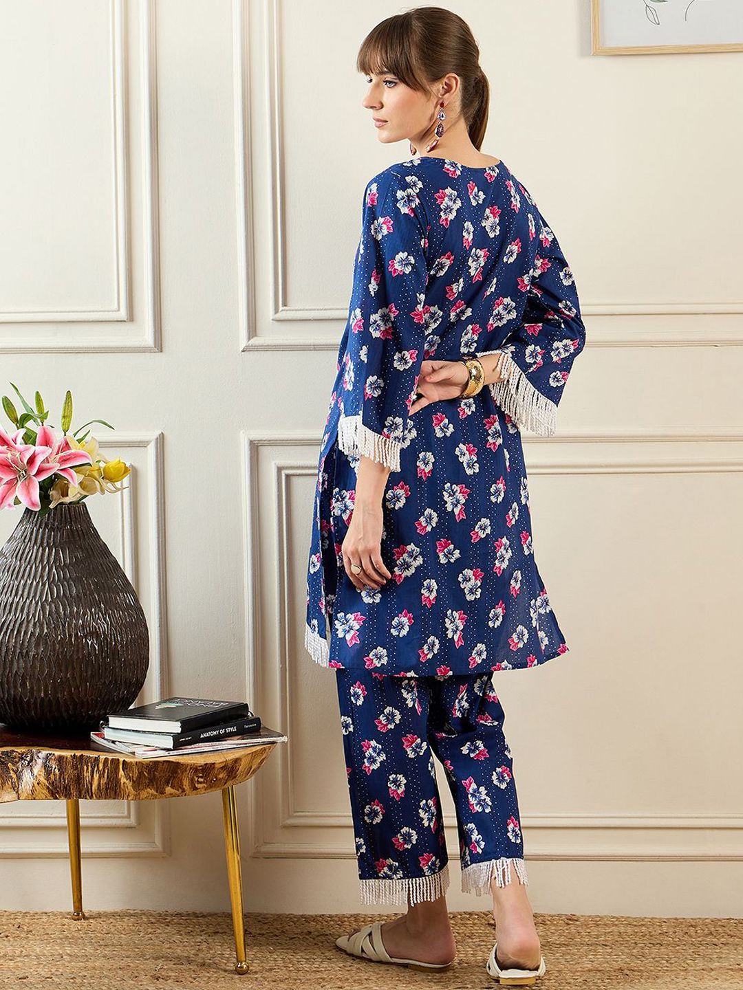 Dhiyona IE Floral Printed Sweetheart Collar Pure Cotton Tunic With Trouser
