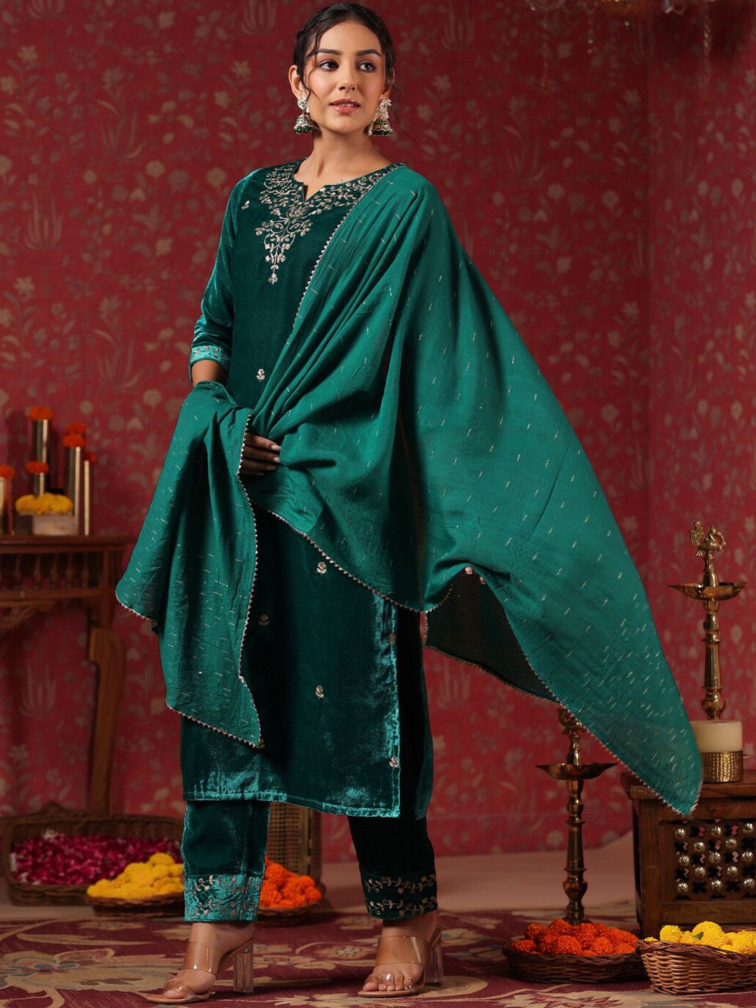 Dhiyona IS Women's Ethnic Motifs Embroidered Velvet Straight Kurta & Trousers With Dupatta