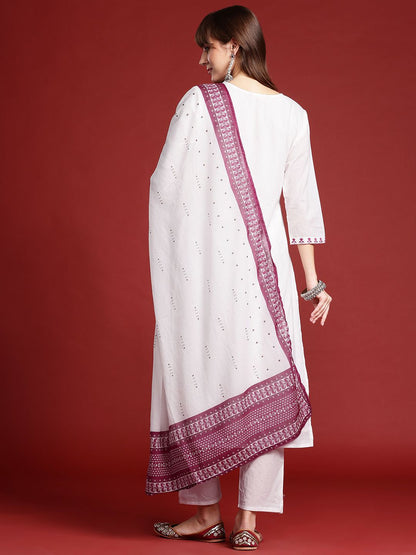 Dhiyona IE Ethnic Motifs Embroidered Thread Work Kurta with Trousers & Dupatta