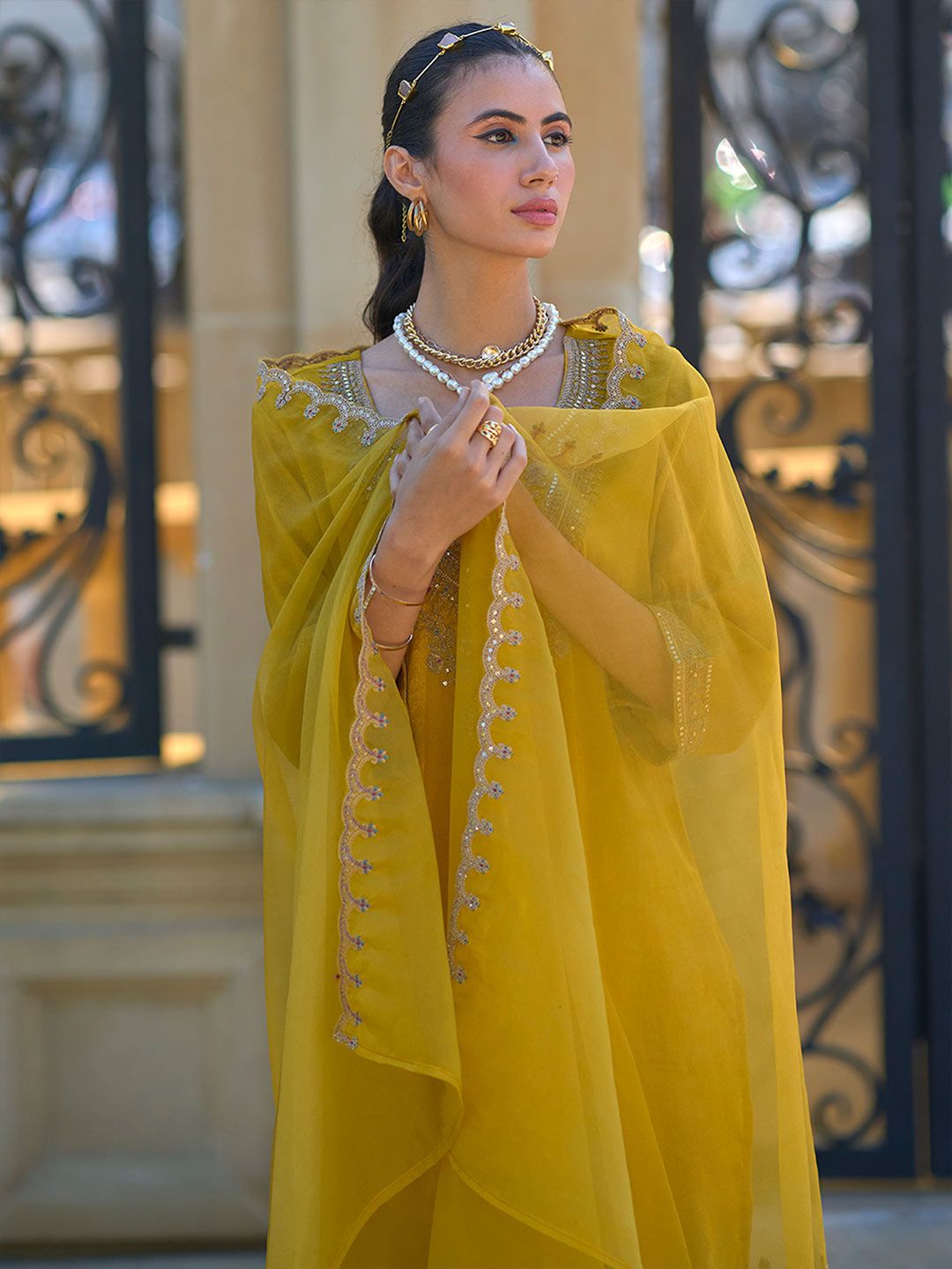 Dhiyona IE Ethnic Motifs Embroidered Regular Zari Kurta with Trousers & With Dupatta