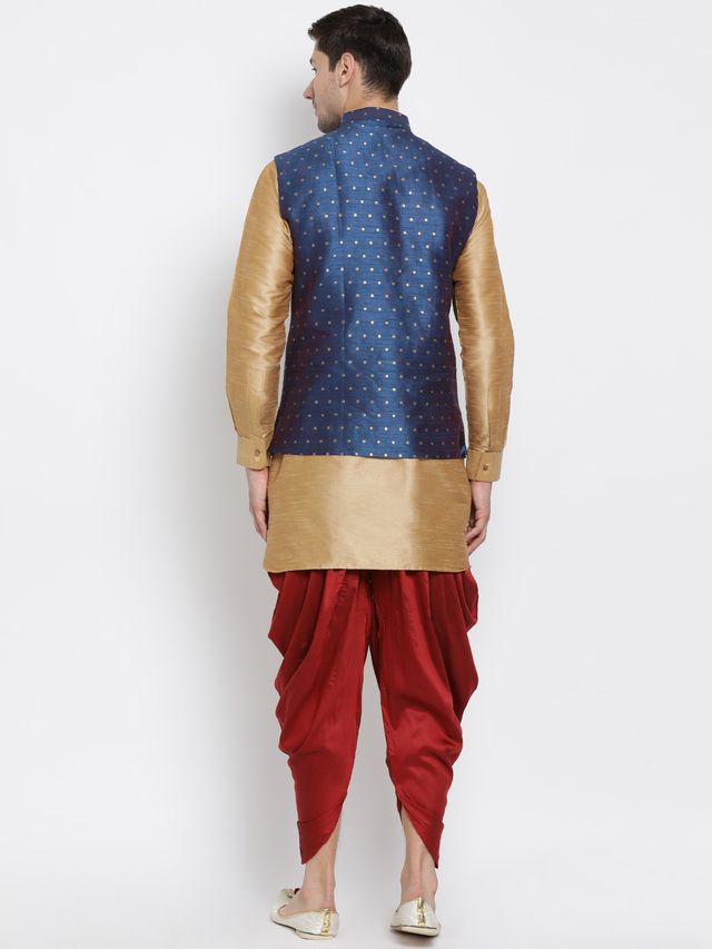 Men's Gold Silk Blend Straight Jacket  Kurta and Dhoti Set