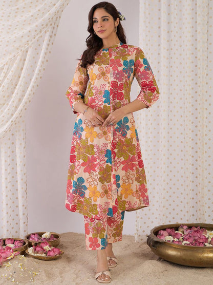 Dhiyona IE Floral Printed Mandarin Collar Pure Cotton A-Line Kurta With Trouser